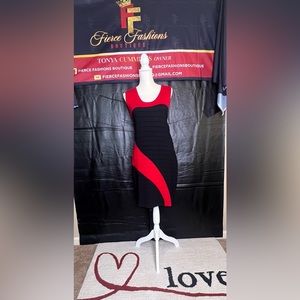 Red and black swirl cocktail dress